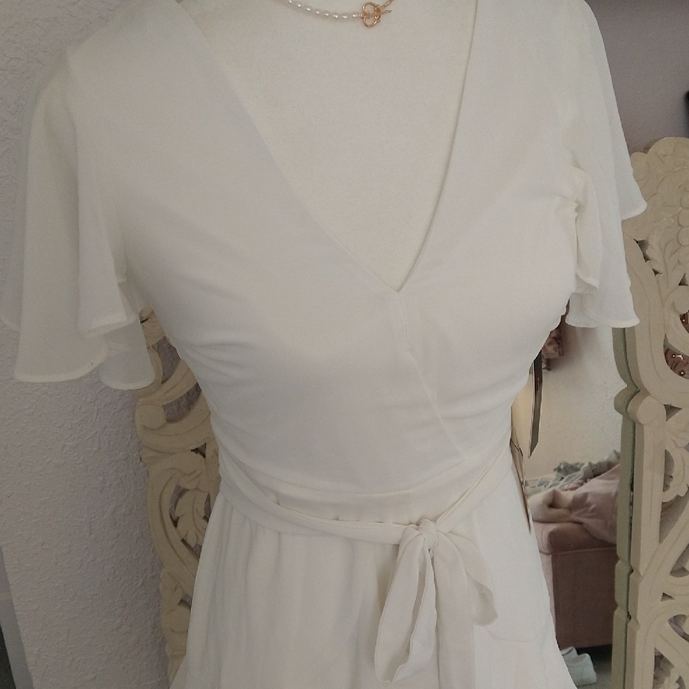 White Ruffle Wrap Dress - Elegant Women's Dress - Picture 4 of 9